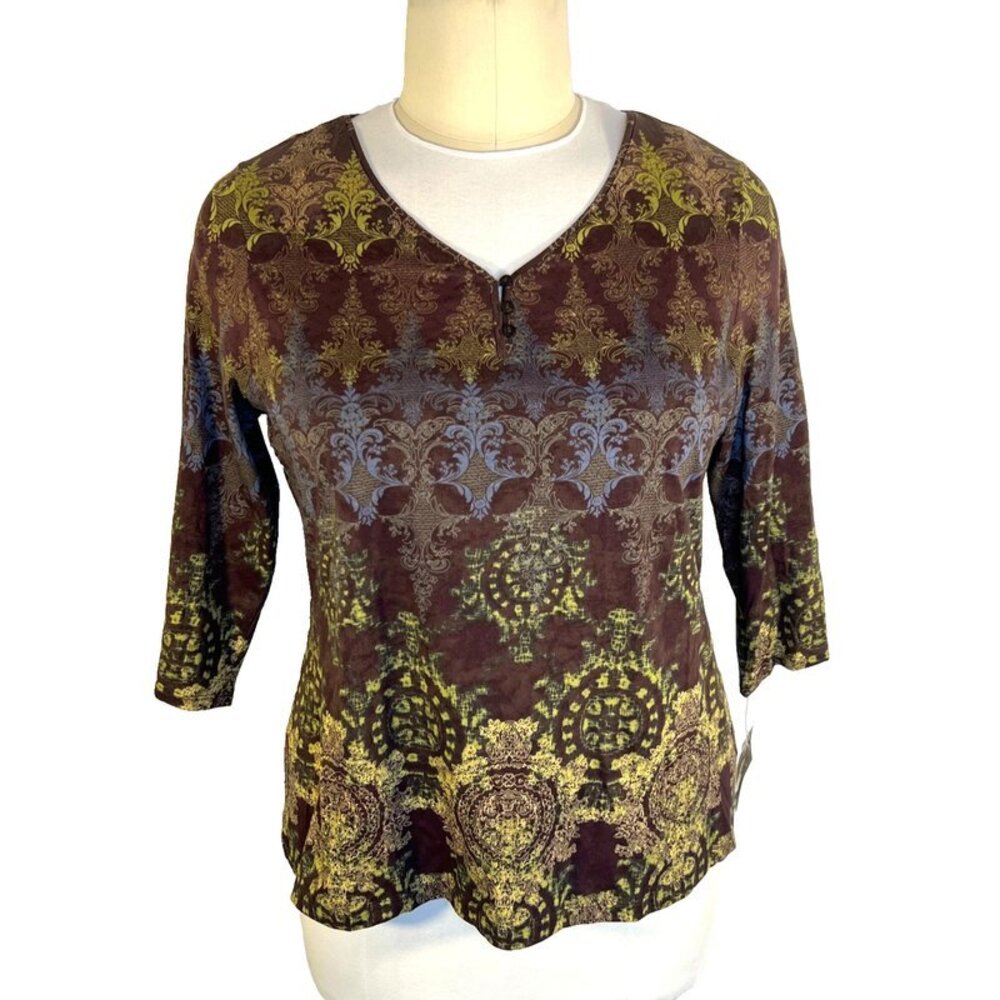 Liz Claiborne Blouse Women's 2X Knit Damask Autumn Colors V-Neck 3/4 Sleeve